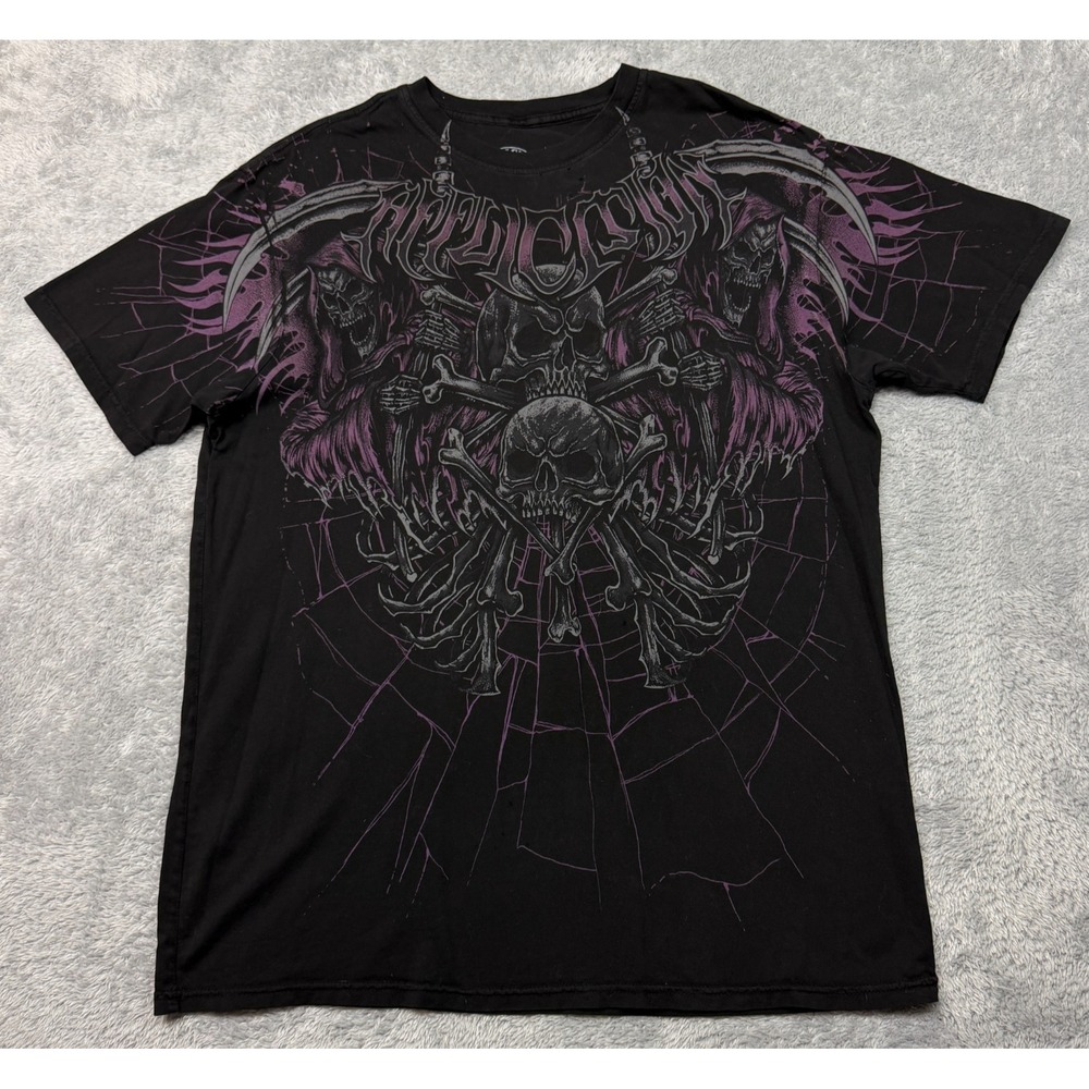 Affliction T Shirt Mens XL Black Purple Darkness Falls Y2K Skull Reaper Horror